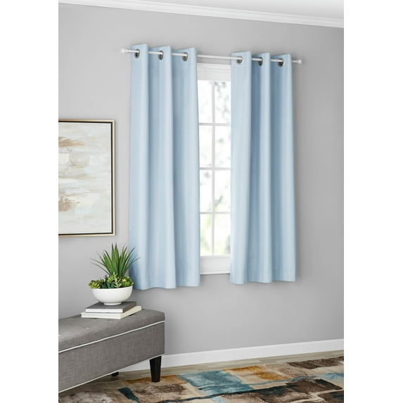 Mainstays Olan Textured Solid Blackout Grommet Curtain Panel Pair Window Treatment, Set of 2 Room Darkening Drapes for Bedroom, Light Blue, 37" W x 63" L