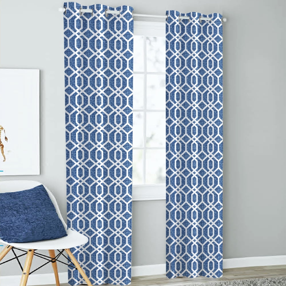 Mainstays Olan Textured Solid Blackout Grommet Curtain Panel Pair Window Treatment, Set of 2 Room Darkening Drapes for Bedroom, Navy Geo, 37" W x 84" L