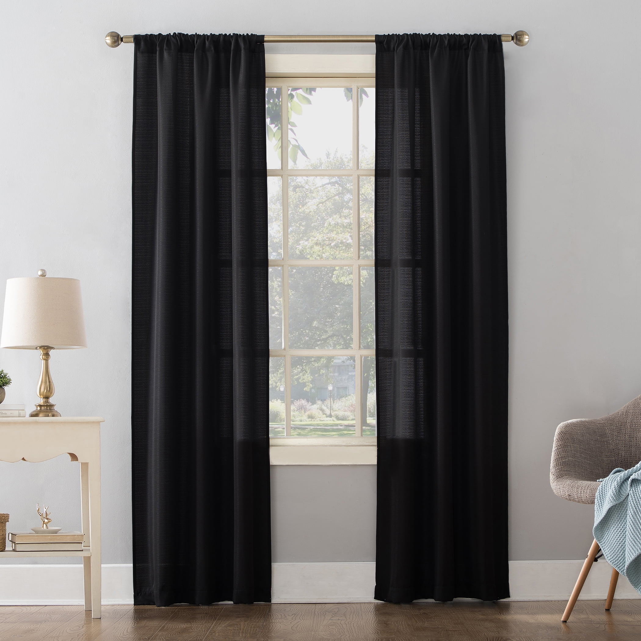 Mainstays Lauren Semi Sheer Textured Solid Rod Pocket Curtain, Single Panel, Black, 38" W x 95"L
