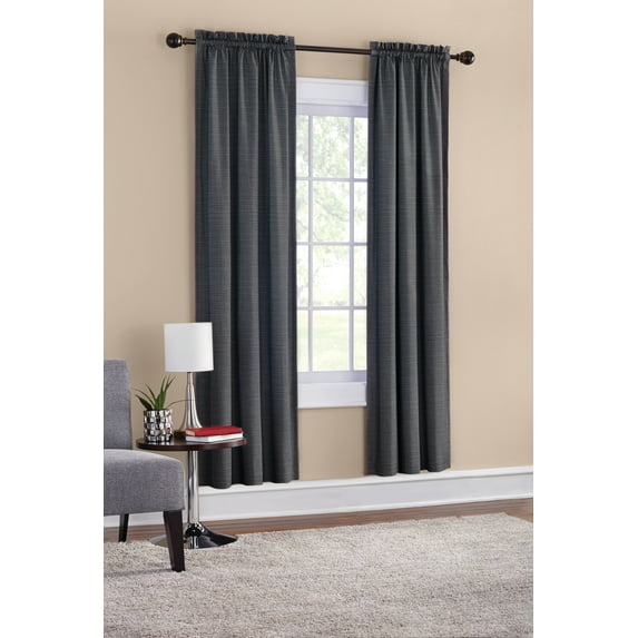Mainstays Threaded Print Solid Color Room Darkening Rod Pocket Curtain Panel Pair, Set of 2, Black, 30 x 84