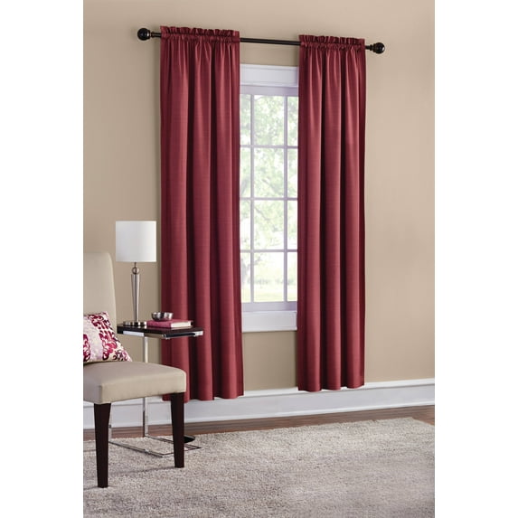 Mainstays Threaded Print Solid Color Room Darkening Rod Pocket Curtain Panel Pair, Set of 2, Red, 30 x 84