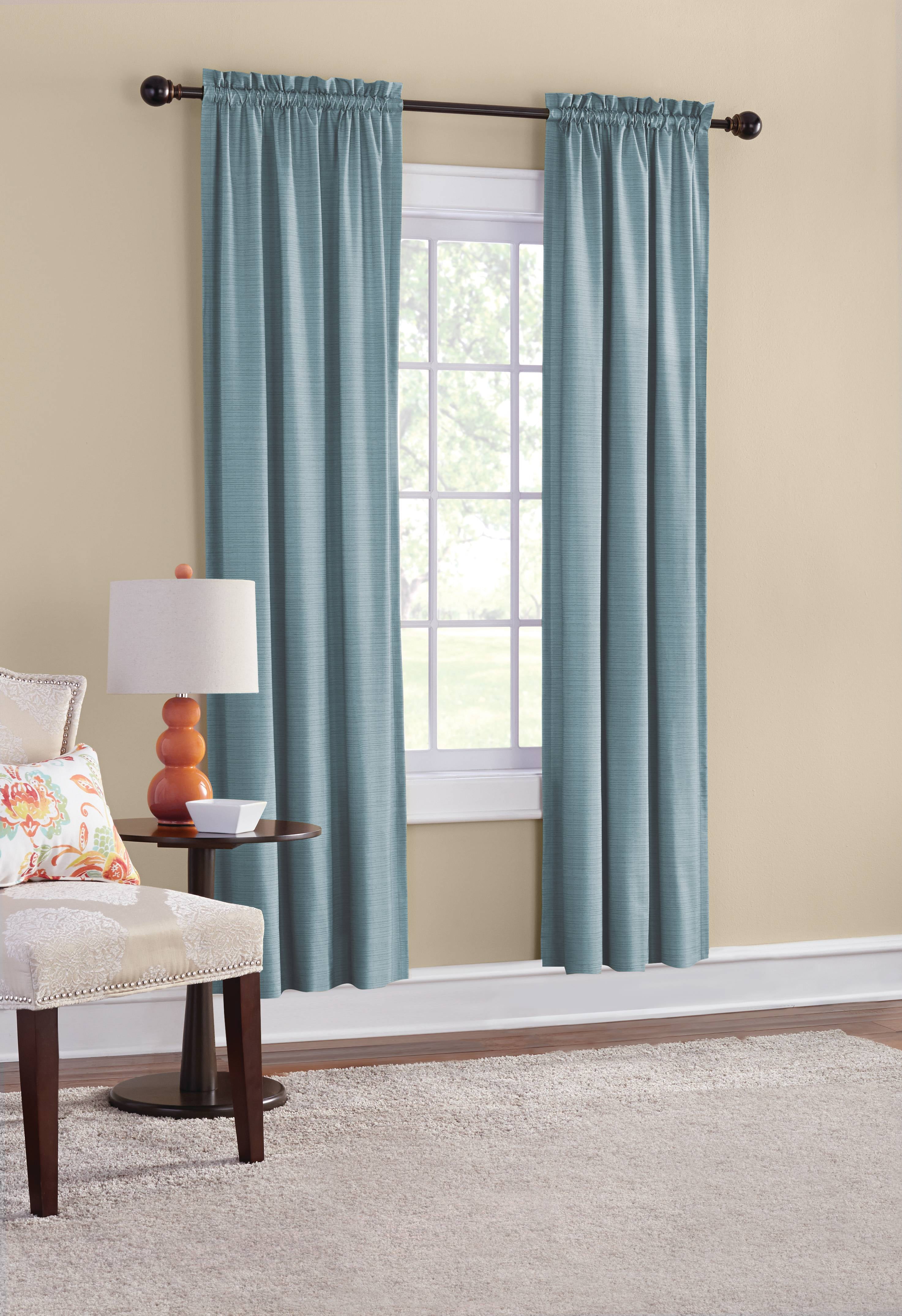 Mainstays Threaded Print Solid Color Room Darkening Rod Pocket Curtain Panel Pair, Set of 2, Teal, 30 x 84