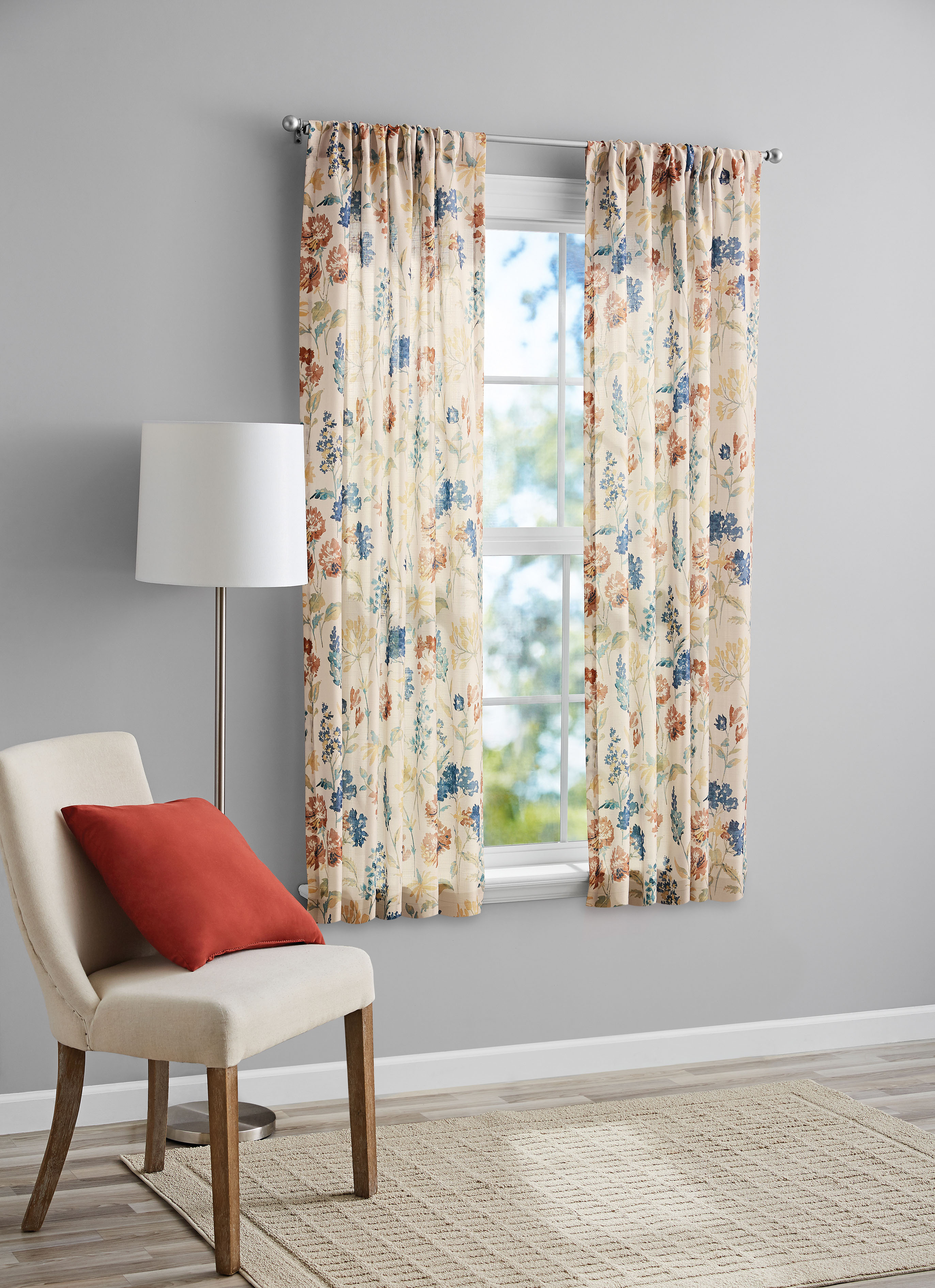Mainstays Tille Floral Spring Print Light Filtering Rod Pocket Curtain Panel Pair, Set of 2, Beige, 37 x 63 - image 1 of 8