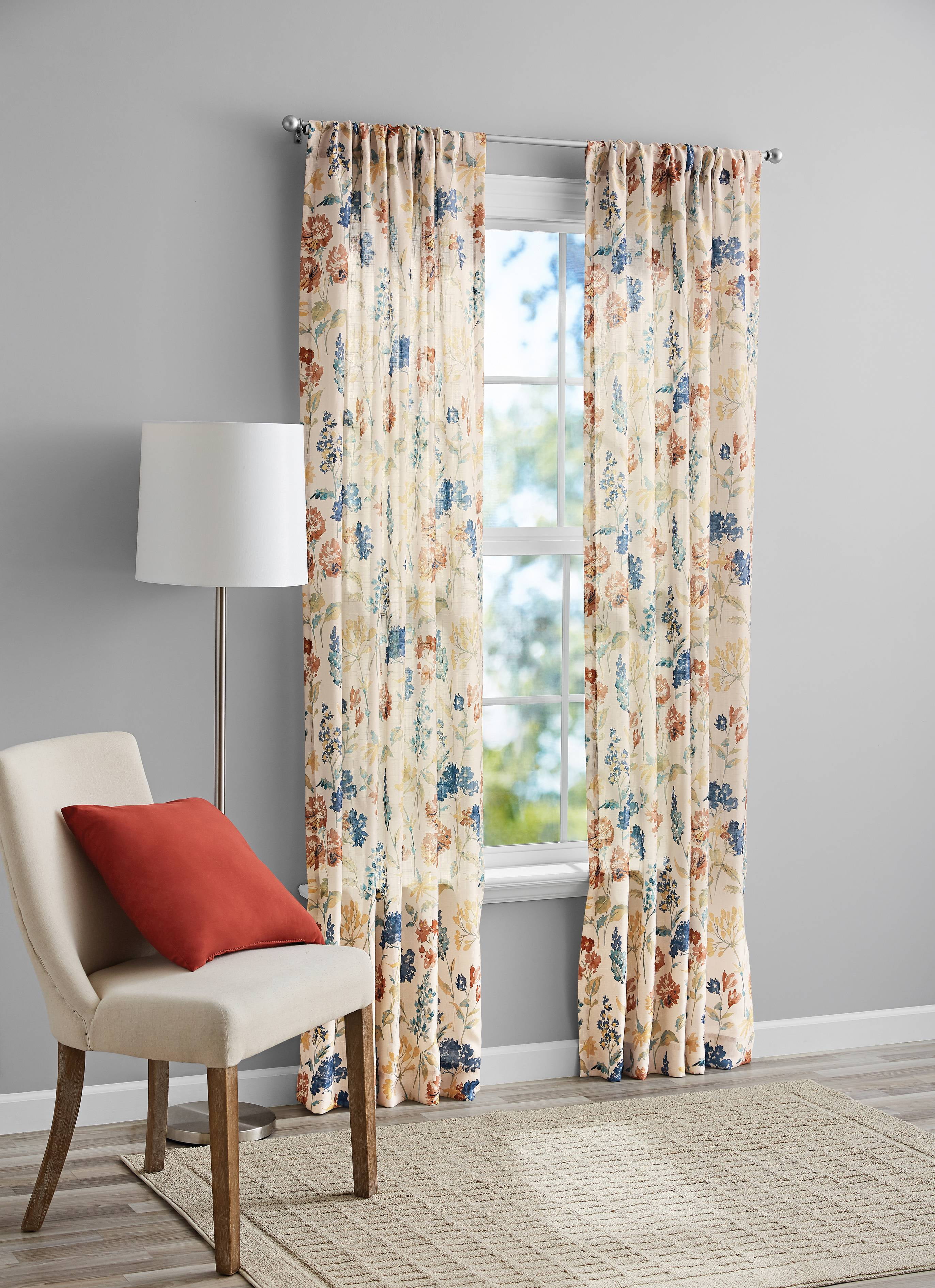 Mainstays Tille Light Filtering Curtain Panel Pair, Set of 2, Beige Floral, 37"W x 84"L