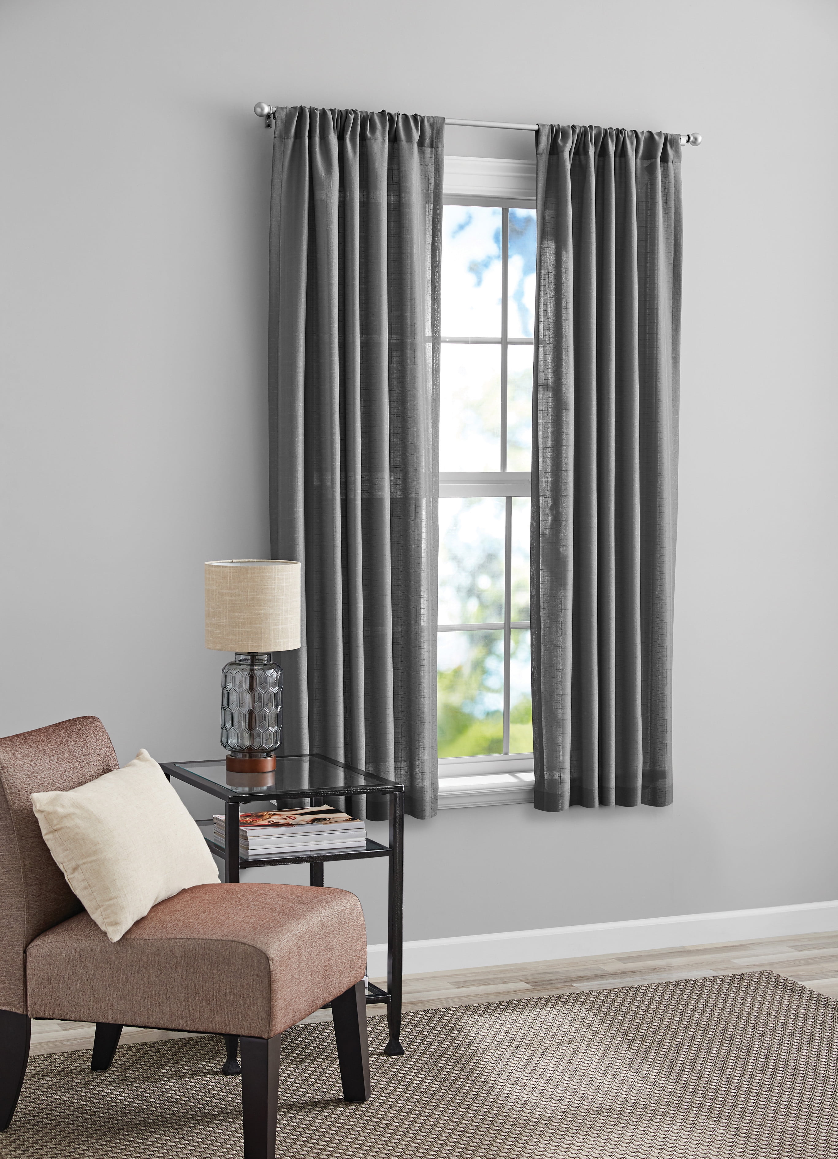 Mainstays Tille Light Filtering Curtain Panel Pair, Set of 2, Gray, 37"W x 63"L