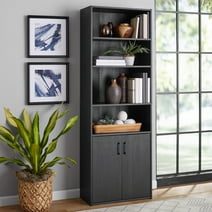 Mainstays Traditional 5 Shelf Bookcase with Doors, Black Finish