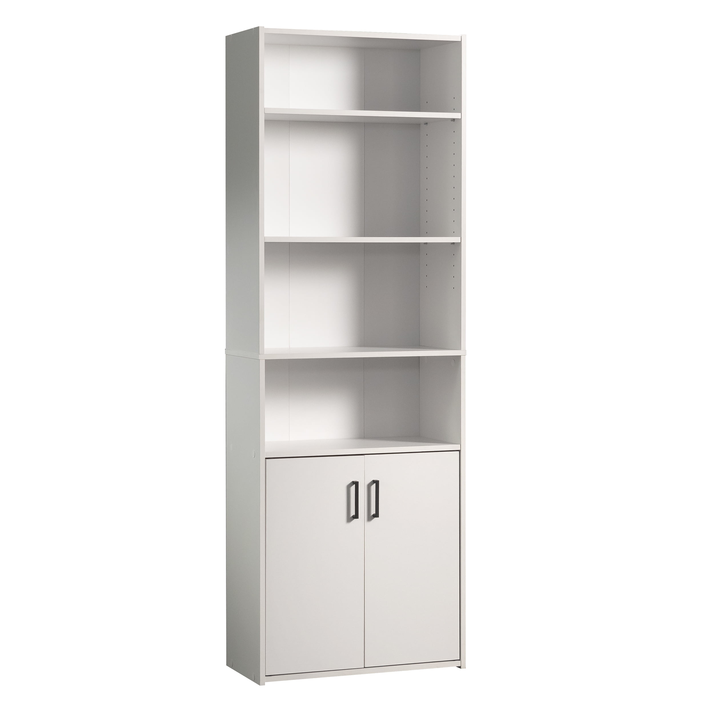 White 5 shelf bookcase with doors deals