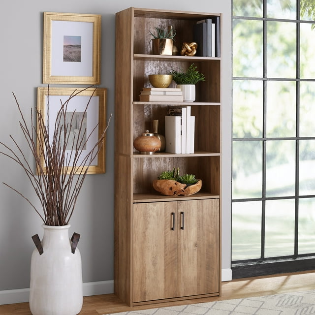 Mainstays Traditional 5 Shelf Bookcase with Doors, Weathered Oak Finish