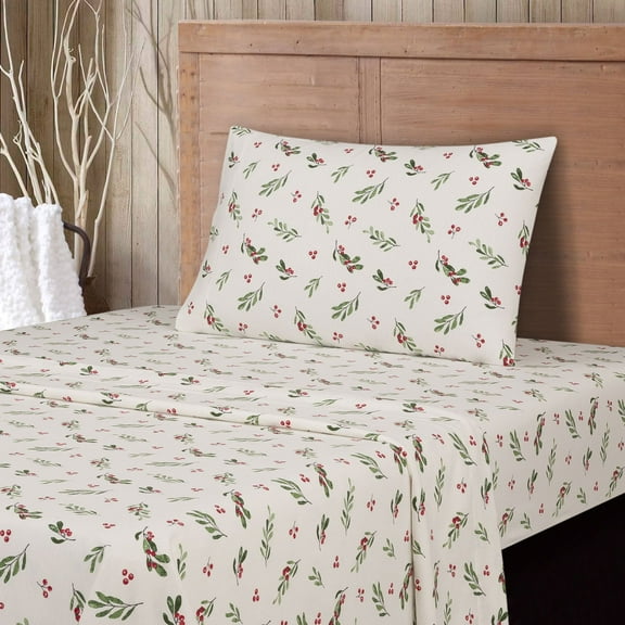 Mainstays Traditional, Contemporary, Rustic 81 Thread Count Off-White and Green Holly Cotton Sheet Sets, Twin (3 Pieces)
