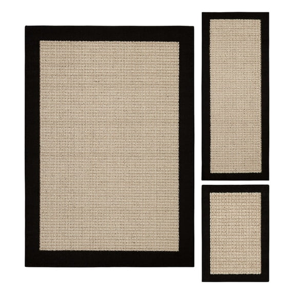 Mainstays Farmhouse Faux Sisal Black Border Indoor Area Rug Set, 3 Piece