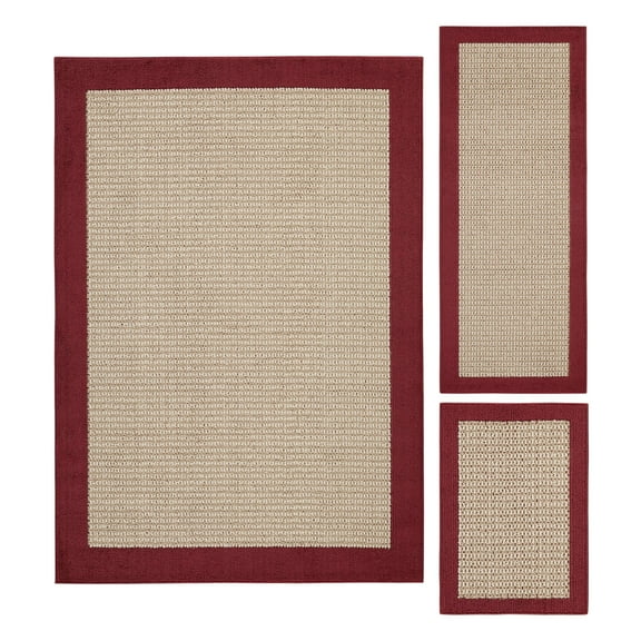 Mainstays Farmhouse Faux Sisal Red Border Indoor Area Rug Set, 3 Piece