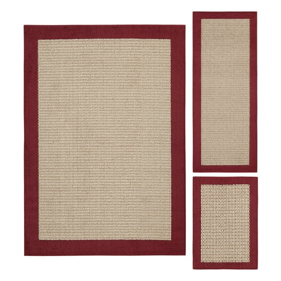 Mainstays Farmhouse Faux Sisal Red Border Indoor Area Rug Set, 3 Piece