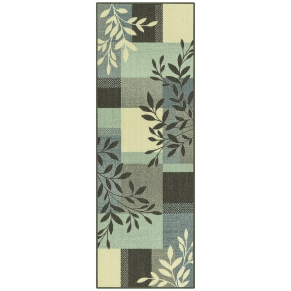 Mainstays Traditional Leaf Block Aqua Gray Indoor Hallway Runner Rug, 1'8"x5'