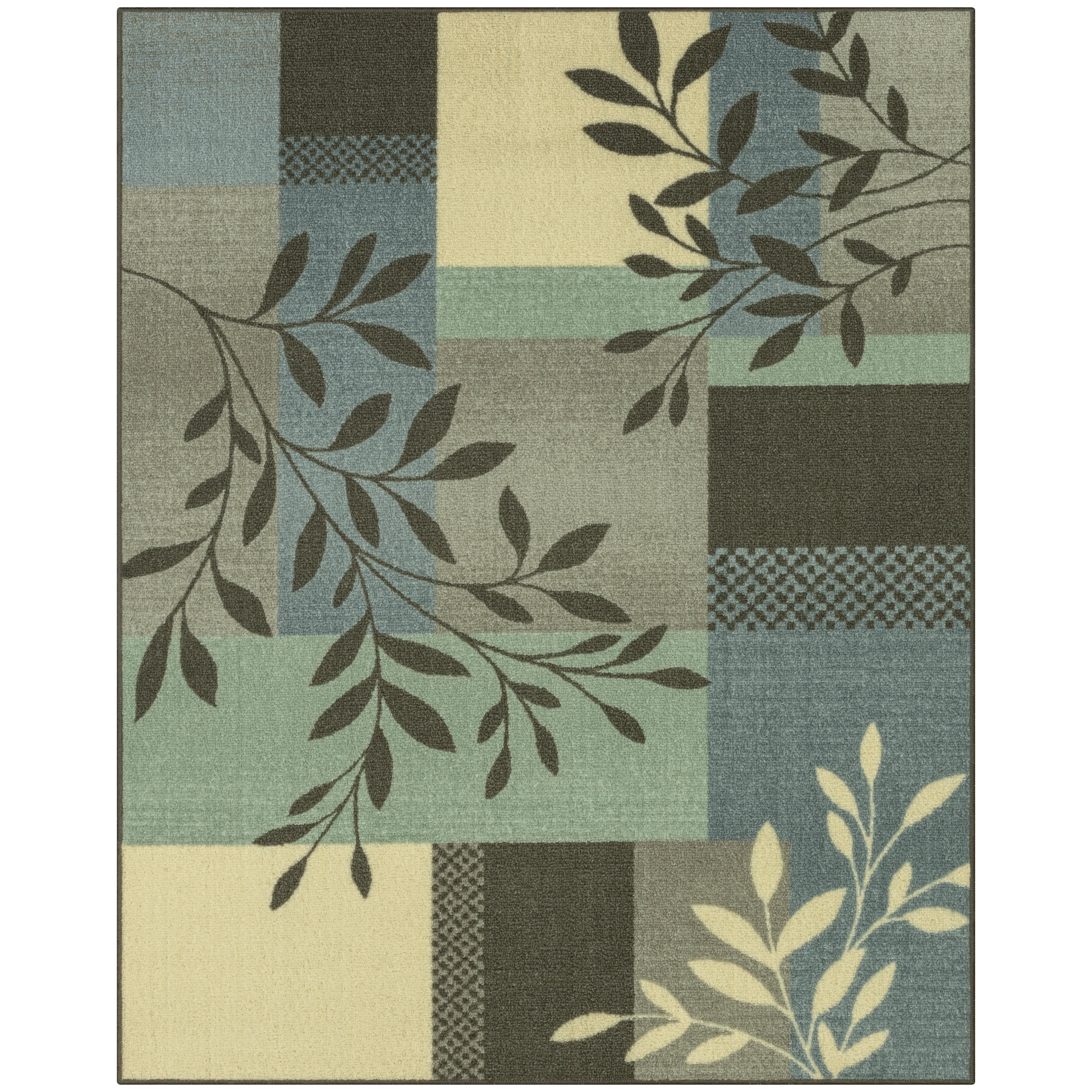 Mainstays Traditional Leaf Block Aqua Gray Print Indoor Area Rug, 4 ft x 5 ft 4 in