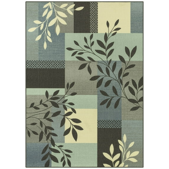 Mainstays Traditional Leaf Block Aqua Gray Print Indoor Area Rug, 5' x 7'
