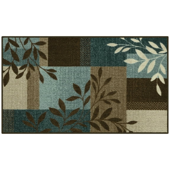 Mainstays Traditional Leaf Block Blue Brown Print Indoor Accent Rug, 1'8"x2'10"
