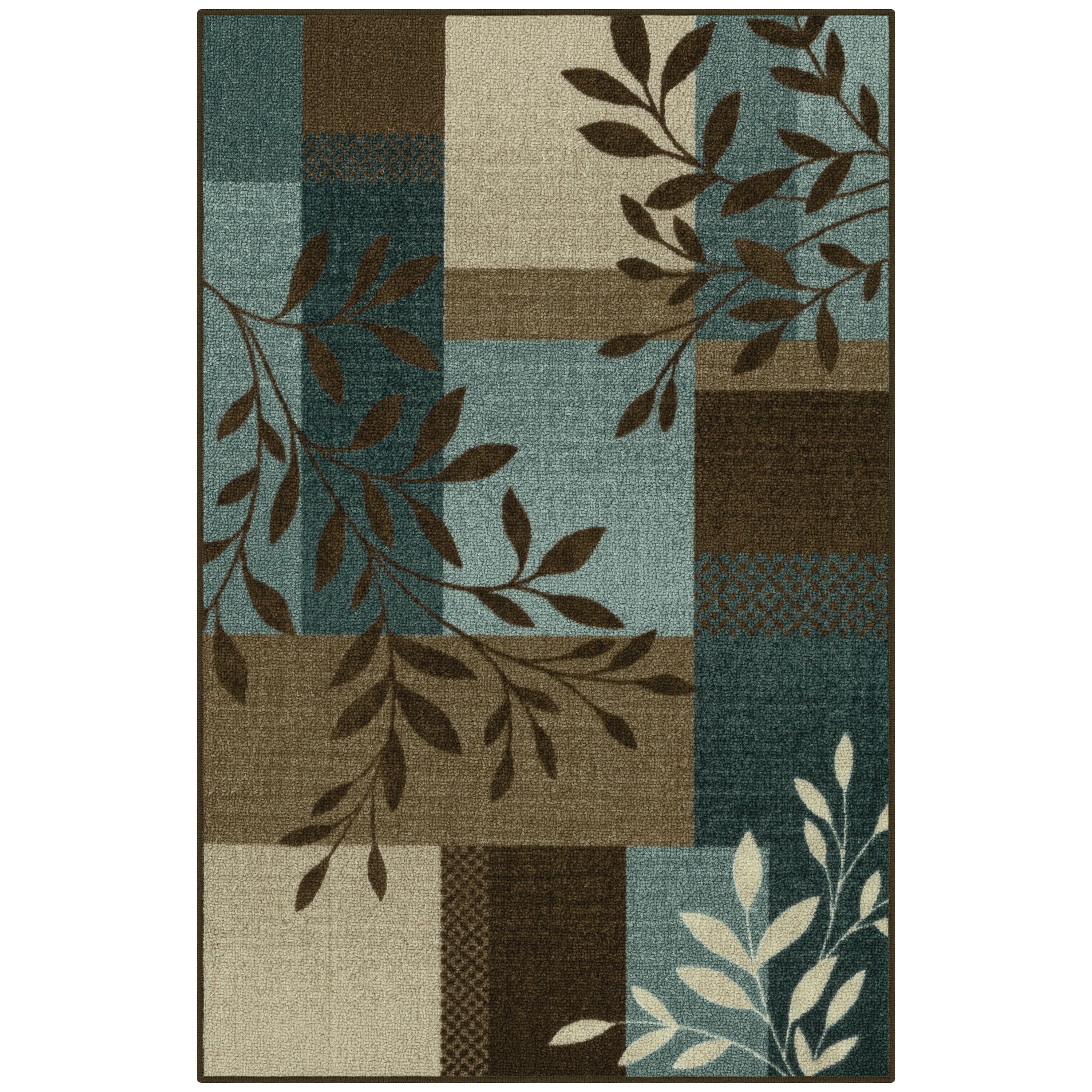 Mainstays Traditional Leaf Block Blue Brown Print Indoor Accent Rug, 2'6"x3'10"