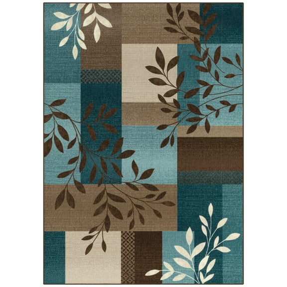 Mainstays Traditional Leaf Block Blue Brown Print Indoor Area Rug, 5' x 7'