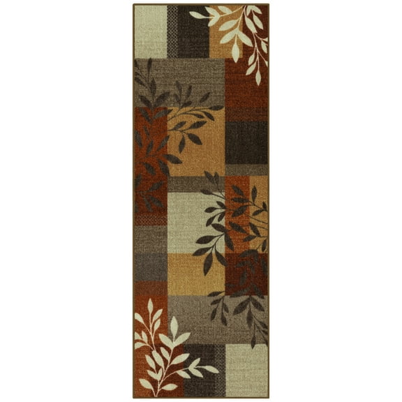 Mainstays Traditional Leaf Block Rust Brown Indoor Hallway Runner Rug, 1'8"x5'