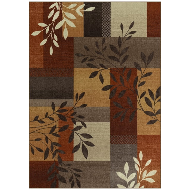 Mainstays Traditional Leaf Block Rust Brown Print Indoor Area Rug, 5' x ...
