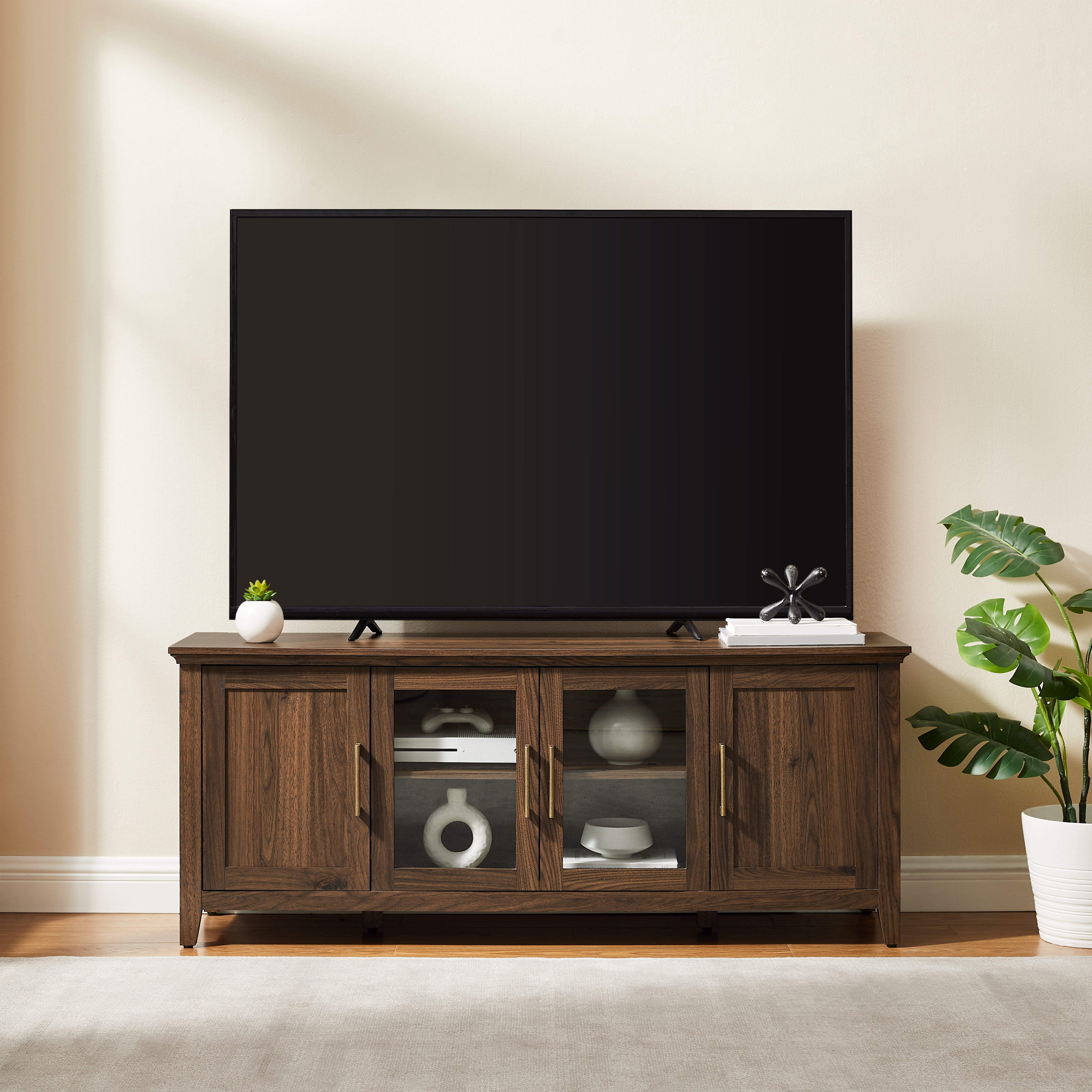 Mainstays Traditional TV Stand with Glass Doors, for TVs up to 65 in, Walnut Finish
