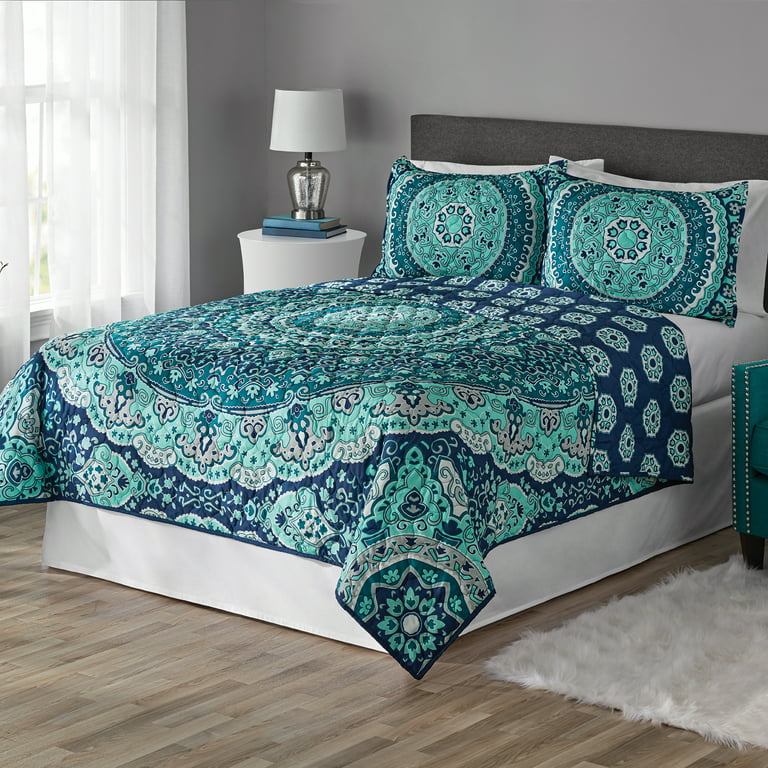 Mainstays Traditional Teal Medallion Reversible Quilt, King