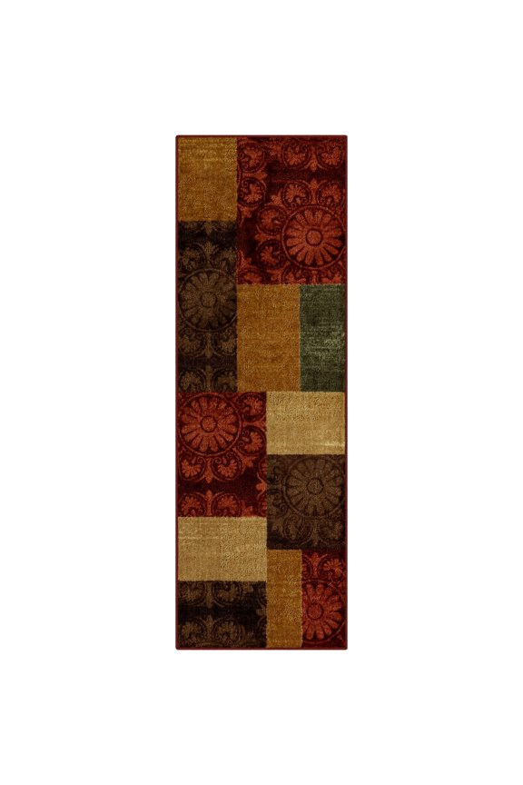 Transitional Medallion Block Red Indoor Hallway Runner Rug, 1'8"x5'