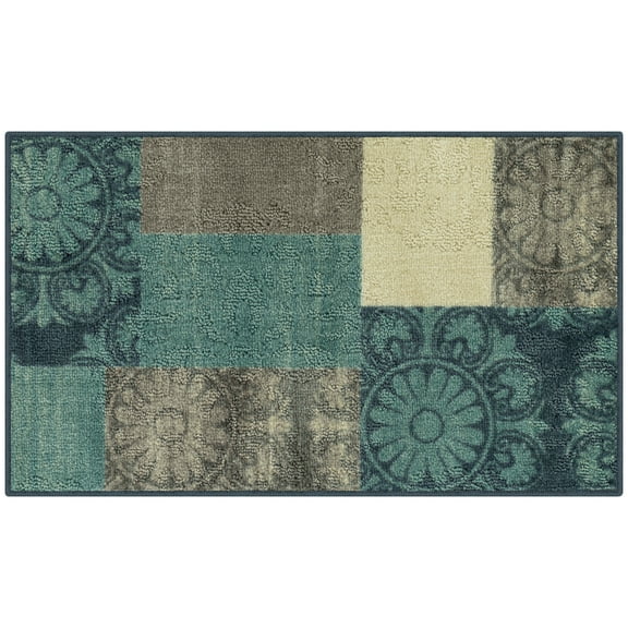 Mainstays Transitional Medallion Block Teal Print Indoor Accent Rug, 1'8"x2'10"