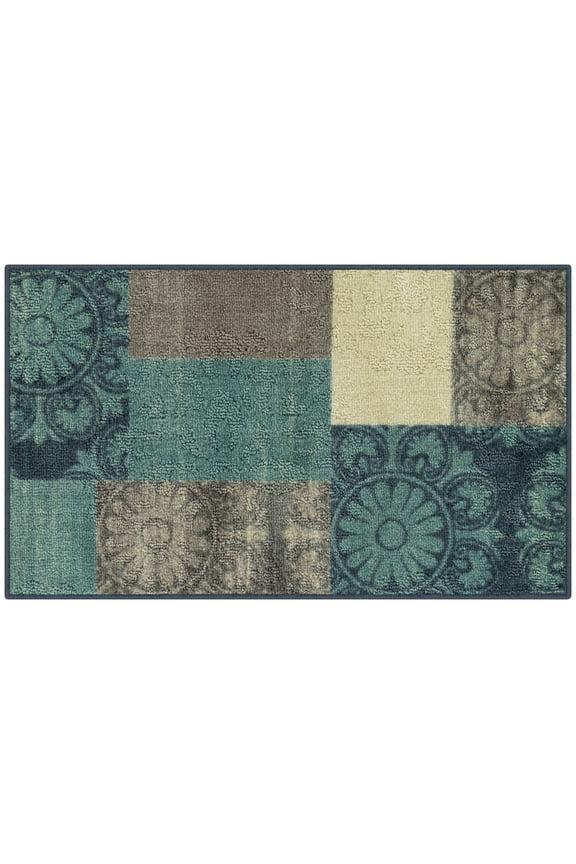 Transitional Medallion Block Teal Print Indoor Accent Rug, 1'8"x2'10"