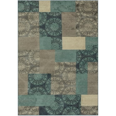 Mainstays Transitional Medallion Block Teal Print Indoor Area Rug, 7' x 10'