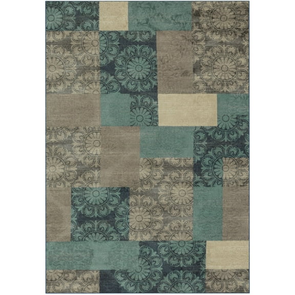 Mainstays Transitional Medallion Block Teal Print Indoor Area Rug for Home Decor, 7' x 10'