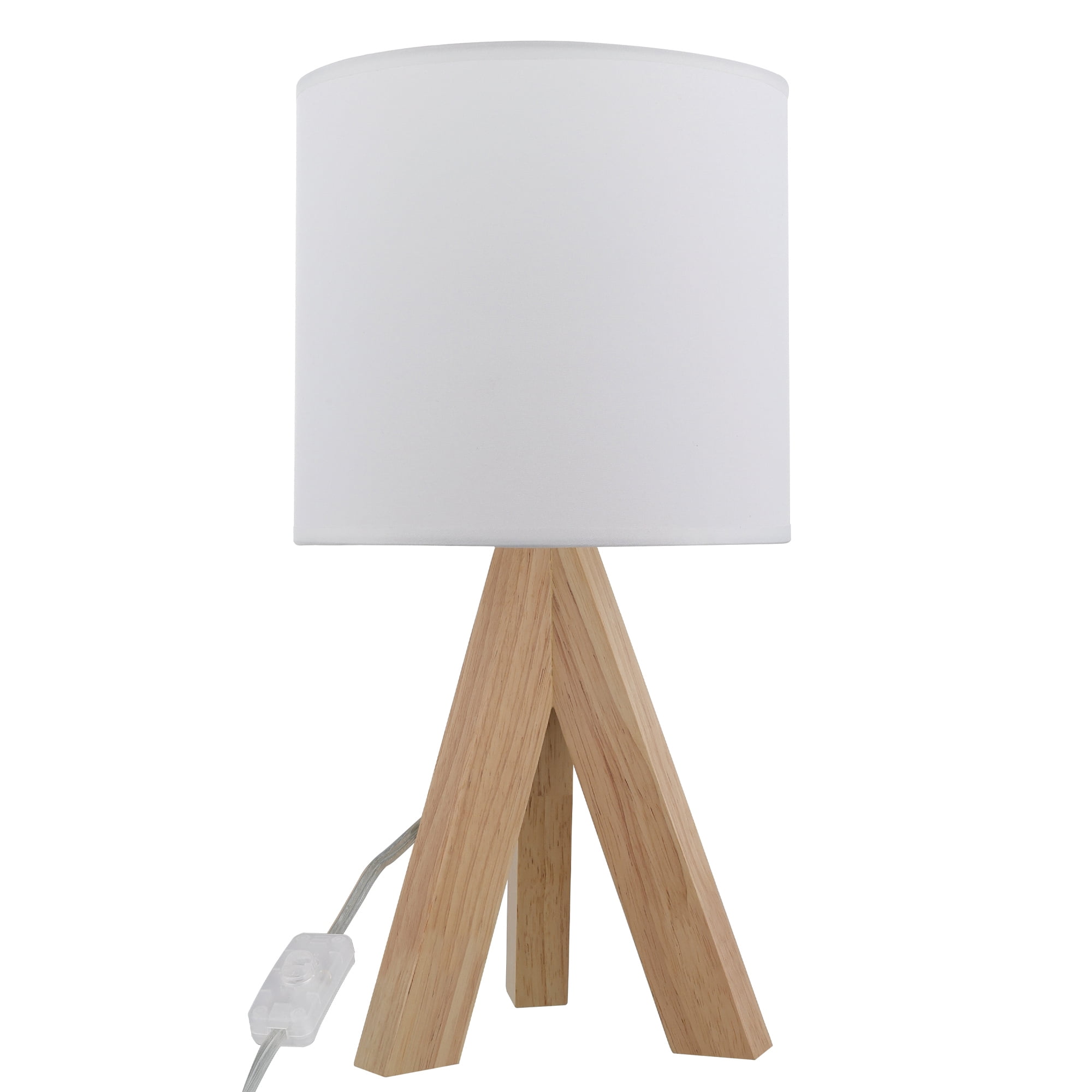 Natural Oak Tripod Table Lamp with White Fabric Shade, 16.75"