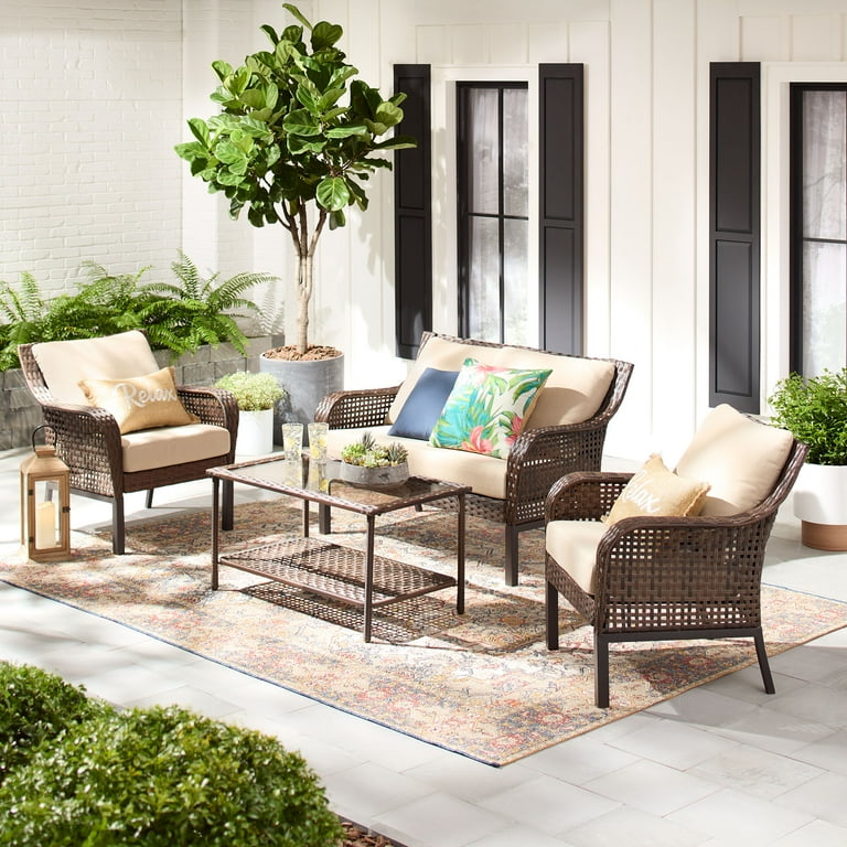 Mainstays Tuscany Ridge 4 Piece Wicker Outdoor Conversation Set Beige Walmart