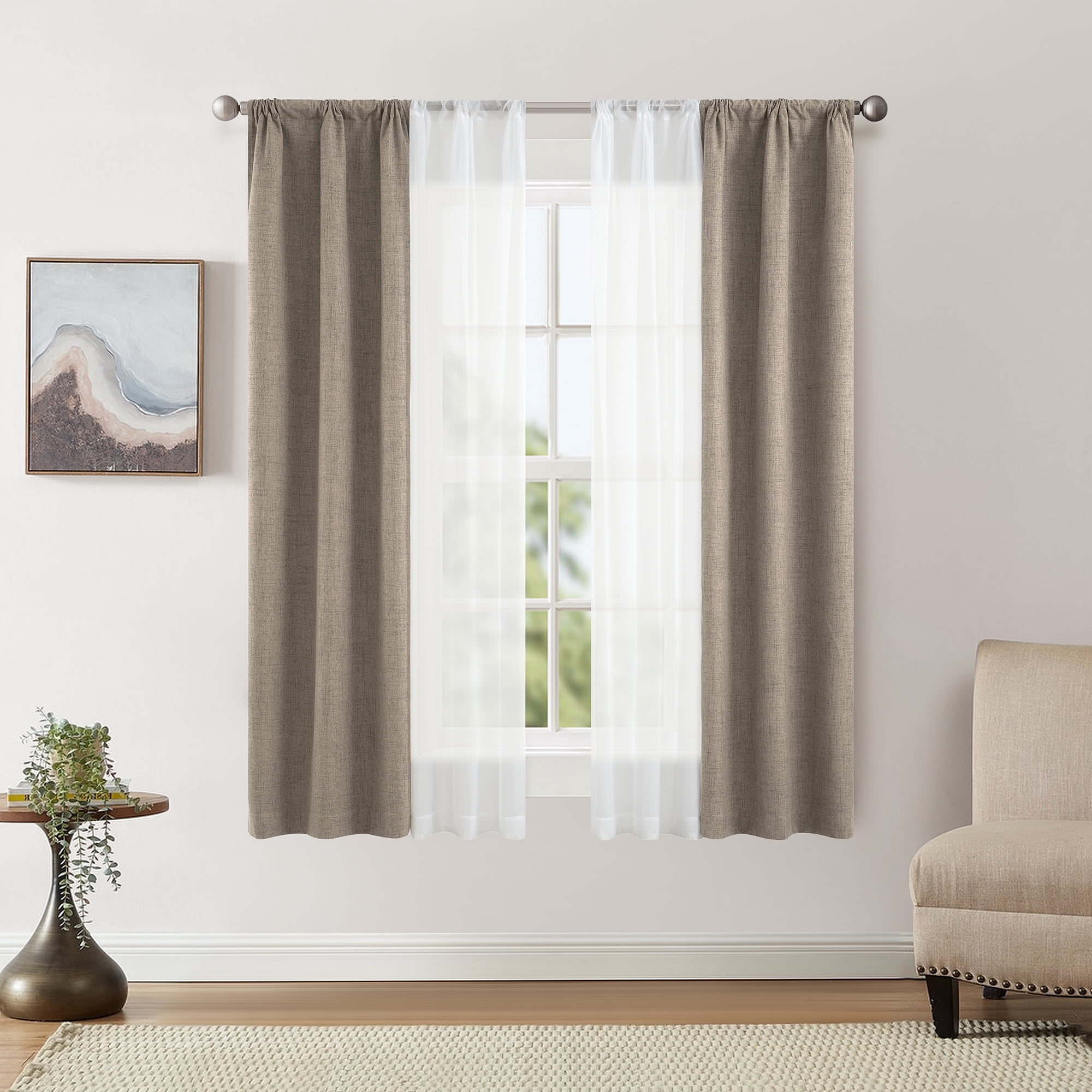Mainstays Twill Blackout and Sheer Curtain Panel Set, 4-Piece, Brown, 27.5" W x 63" L