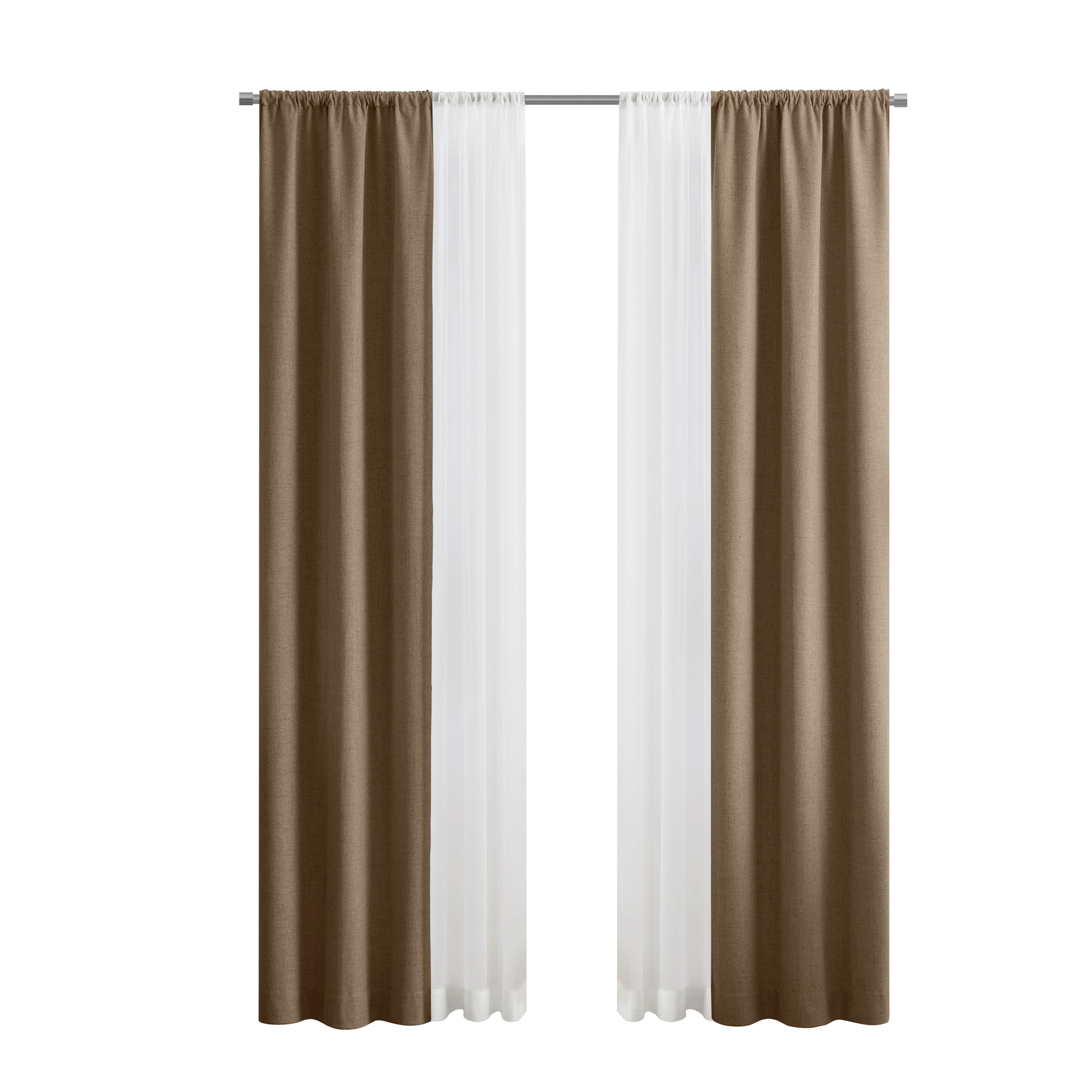 Mainstays Solid Twill Blackout Curtain Panel and Sheers, Set of 4, Brown Bag, 27.5" W x 95" L