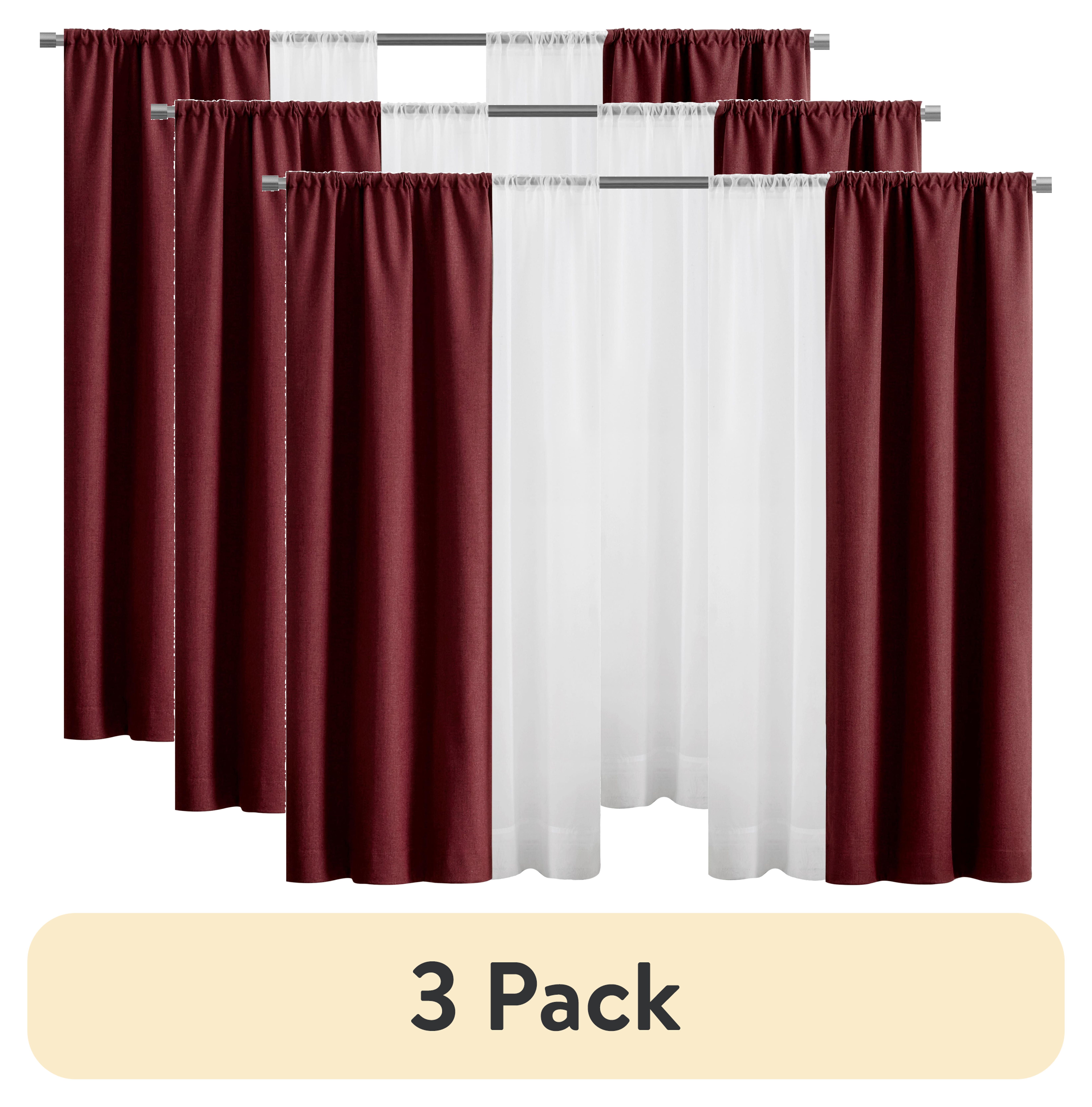 (3 pack) Mainstays Twill Blackout Rod Pocket 4 Piece Curtain Set, Luscious Merlot, 27.5" W x 63" L