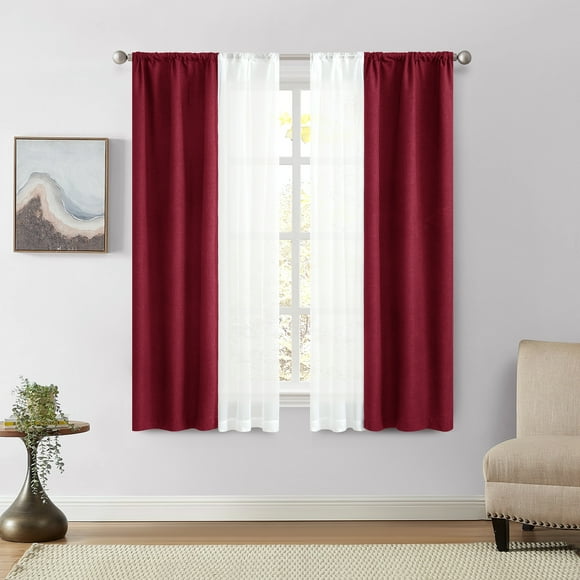 Mainstays Solid Twill Blackout Curtain Panel and Sheers, Set of 4, Merlot, 27.5" W x 63" L
