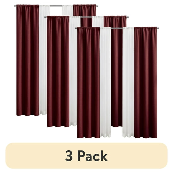 (3 pack) Mainstays Twill Blackout Rod Pocket 4 Piece Curtain Set, Luscious Merlot, 27.5" W x 84" L