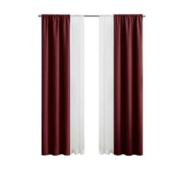 Mainstays Solid Twill Blackout Curtain Panel and Sheers, Set of 4, Merlot, 27.5" W x 84" L
