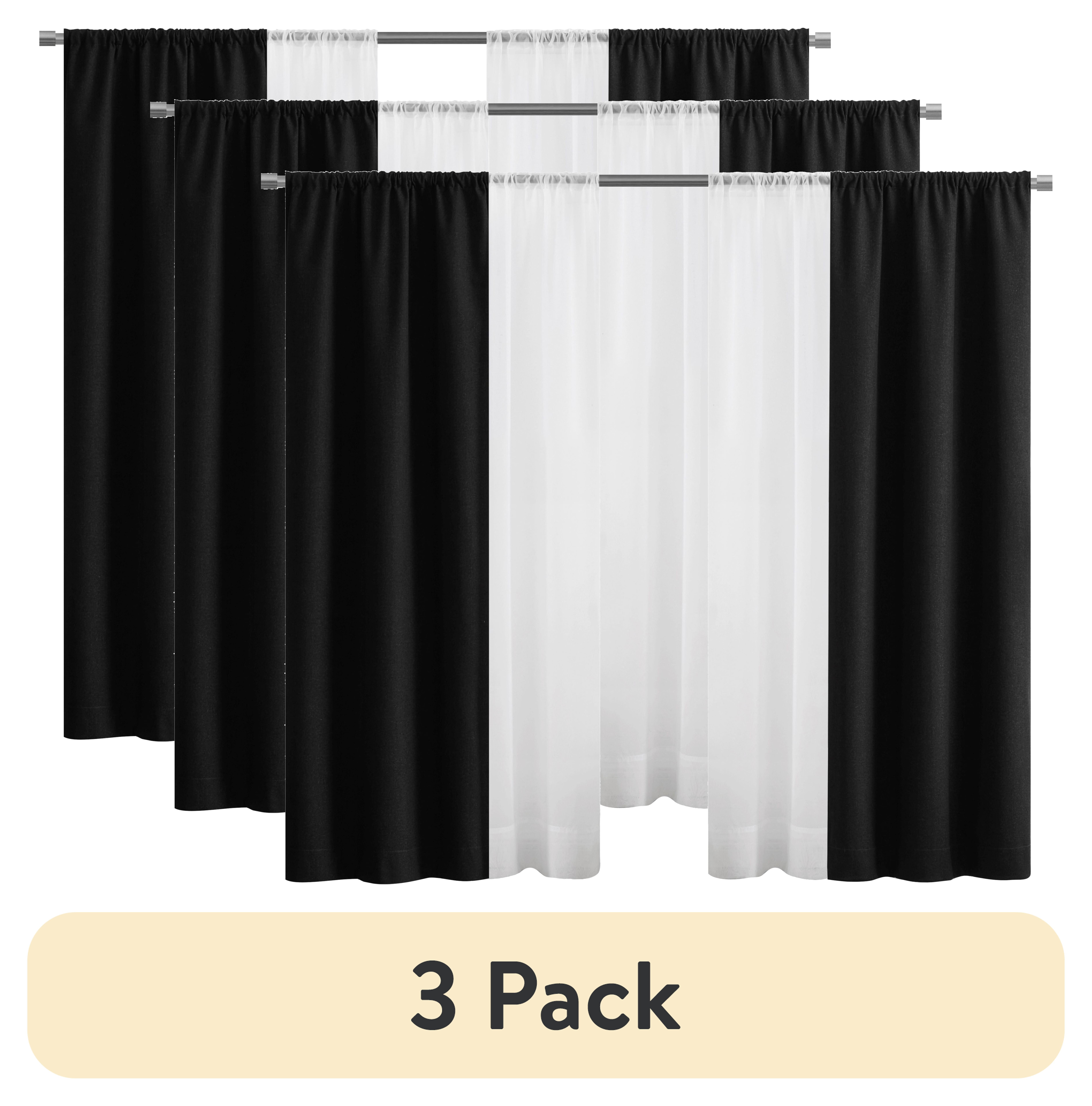 (3 pack) Mainstays Twill Blackout Rod Pocket 4 Piece Curtain Set, Rich Black, 27.5" W x 63" L