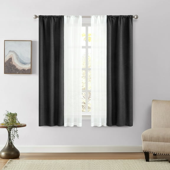 Mainstays Solid Twill Blackout Curtain Panel and Sheers, Set of 4, Rich Black, 27.5" W x 63" L