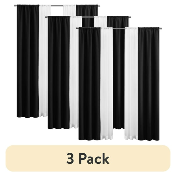 (3 pack) Mainstays Twill Blackout Rod Pocket 4 Piece Curtain Set, Rich Black, 27.5" W x 84" L