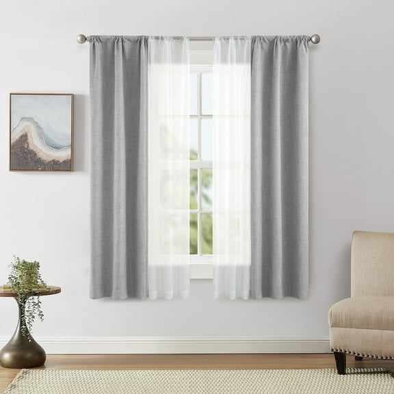 Mainstays Solid Twill Blackout Curtain Panel and Sheers, Set of 4, Soft Silver, 27.5" W x 63" L
