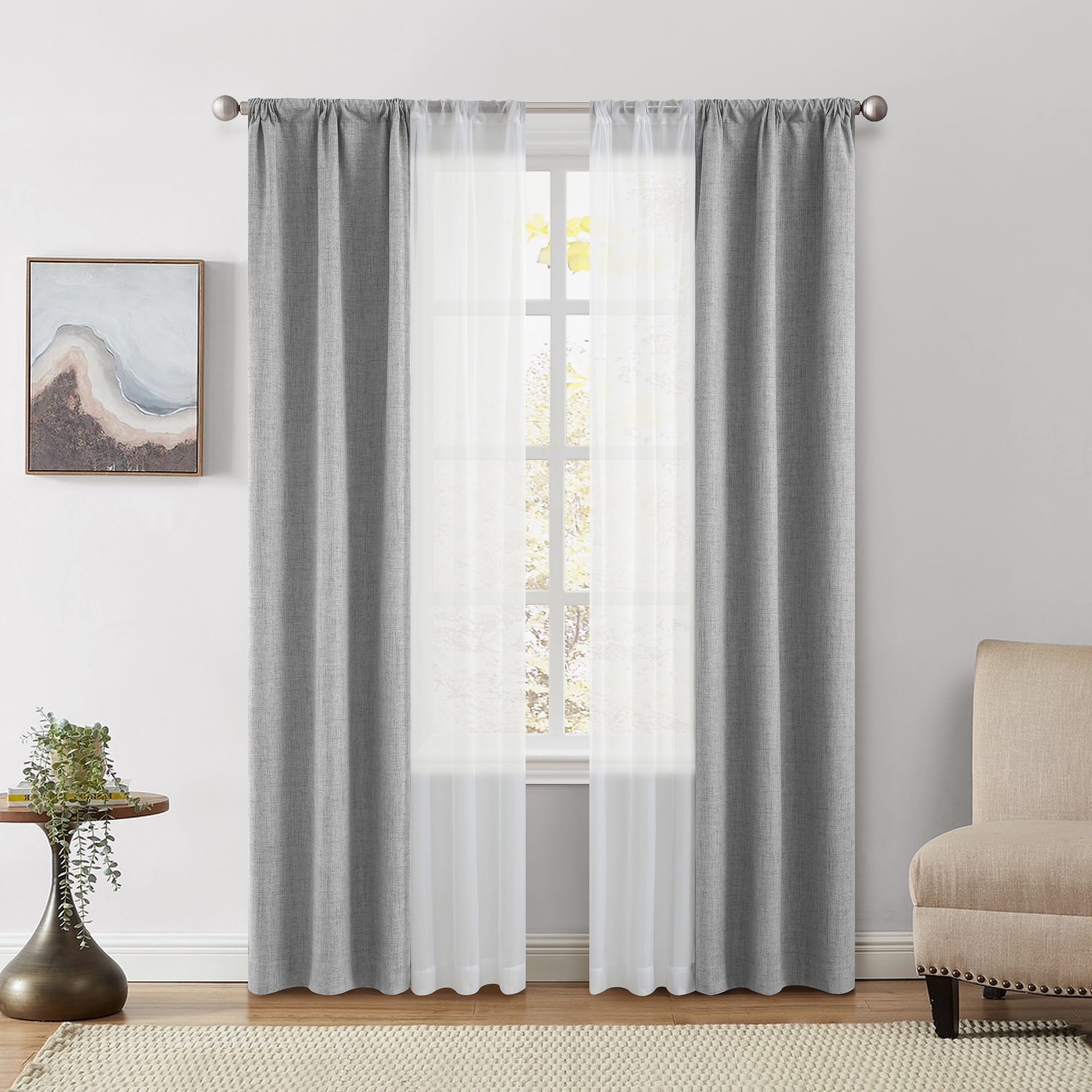 Mainstays Solid Twill Blackout Curtain Panel and Sheers, Set of 4, Soft Silver, 27.5" W x 84" L