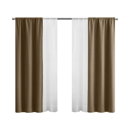 Mainstays Solid Twill Blackout Curtain Panel and Sheers, Set of 4, Brown Bag, 27.5" W x 63" L
