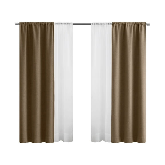 Mainstays Solid Twill Blackout Curtain Panel and Sheers, Set of 4, Brown Bag, 27.5" W x 63" L
