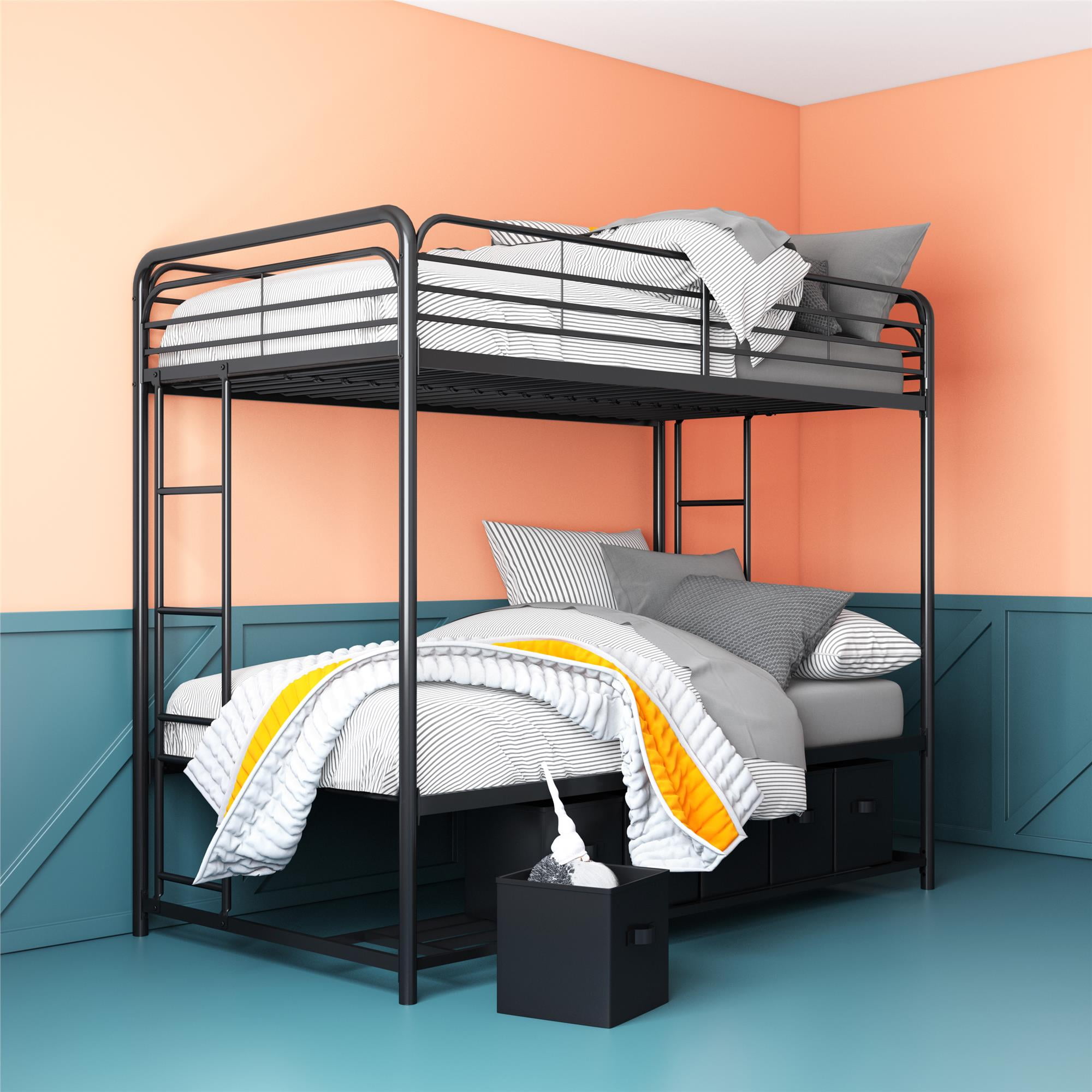 Mainstays Twin over Twin Metal Bunk Bed with Storage Bins Black