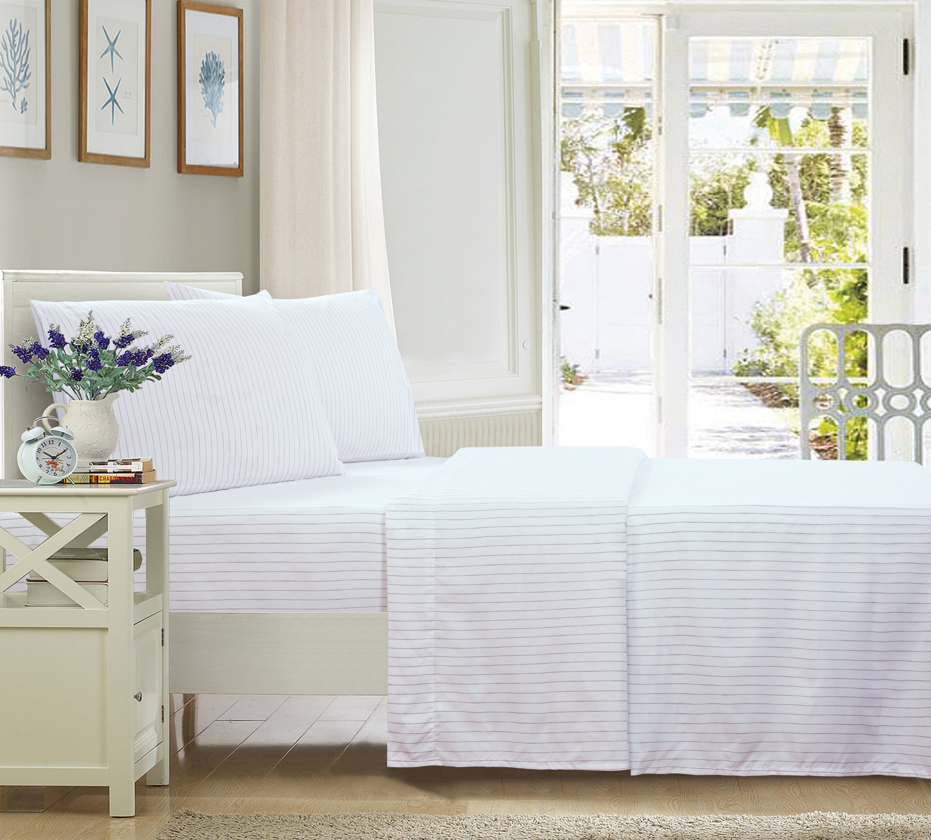 Mainstays Ultra Soft High Quality Microfiber Bed Sheet Set, Queen, Silver Stripe, 4pc