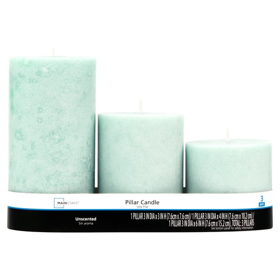 Mainstays Unscented Decorative Mottled Pillar Candles Set (3x3, 3x4, and 3x6), Green Mottled Color