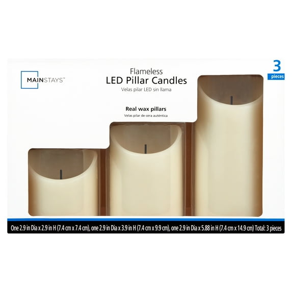 Mainstays Unscented Flameless LED Pillar Candle, Ivory, Various Sizes, 3 Count